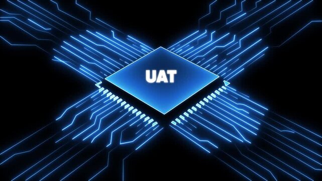 U A T User Acceptance Testing Microchip Circuit Board with Glowing Blue Lines on Black Background for Technology and Software Development Concepts