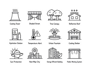 Heatwave Adaptation Strategies. Line icon set of Heatwave Adaptation Strategies: cooling tower, shaded street, tree canopy, reflective roof,
