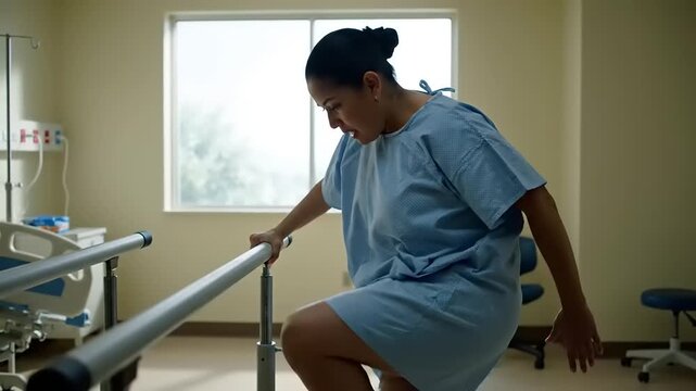 Nurse Practicing Physical Therapy with Parallel Bars.