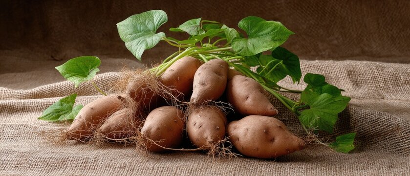 Bright orange sweet potato leaf with fresh sweet potatoes on burlap fabric in detailed close-up