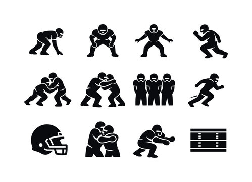 American Football Defense. Solid icon set of American Football Defense: defensive lineman, linebacker stance, safety coverage, blitz rush,