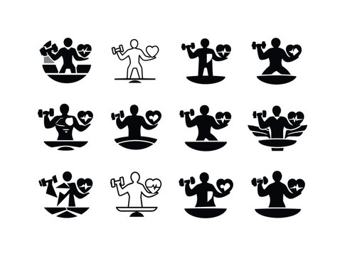 full-body workout. Icon set. Set Logo of full-body workout: strength and cardio balance. harmonious logo variations of the same emblematic