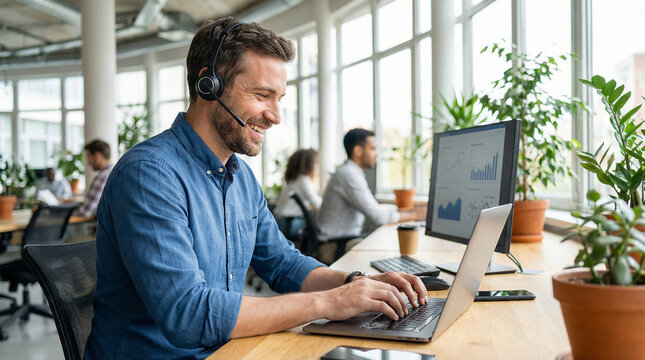 A smiling man wearing a headset works on a laptop at a modern office desk with coworkers in the background.