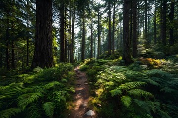 Path through a dense forest with tall trees and green ferns in the early morning light