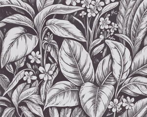 Obraz premium Monochrome tropical leaves and flowers, vintage botanical illustration, detailed foliage background