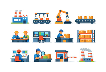Naklejka premium Production Facility. Colorful flat vector icons set of Production Facility: factory building, assembly line, robotic arm, conveyor belt,