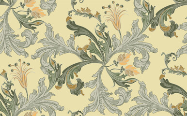 Fototapeta premium Pattern of flowers and leaves with elements of gothic ornament in vintage style