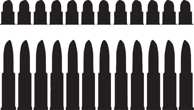 Two Rows of Black Bullet Silhouettes Against White Background ammunition weapon