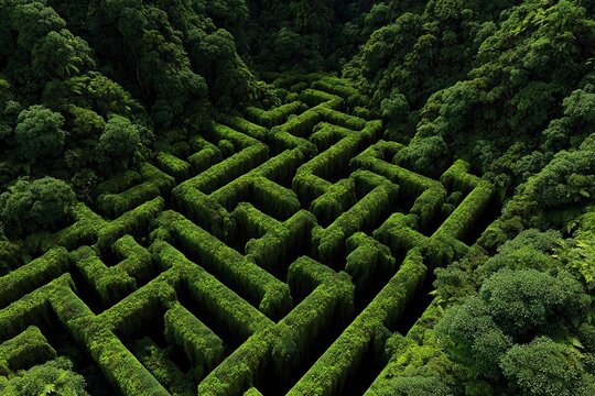 Lush green maze located in a dense forest with many paths and walls made of tall bushes under bright sunlight