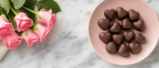 Fototapeta premium Valentines day table setting with pink plate of chocolate strawberries and roses on a white marble background