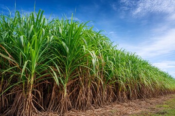 Obraz premium Sugarcane field grows under bright sky in an agricultural area during the day