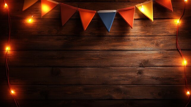 Vibrant triangular bunting flags on wooden planks surrounded by glowing string lights from above