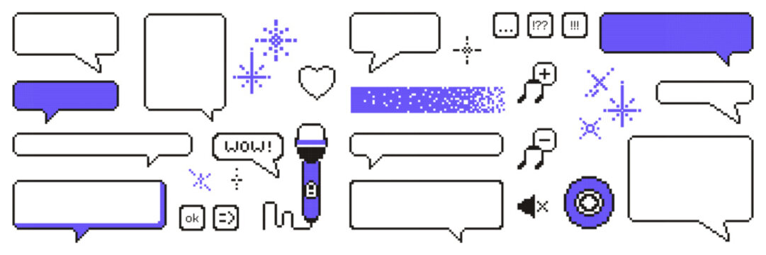 Set of pixel icons of retro 8-bit speech bubbles, emoji hearts, and sound notes. Y2K pixel podcast icon collection.