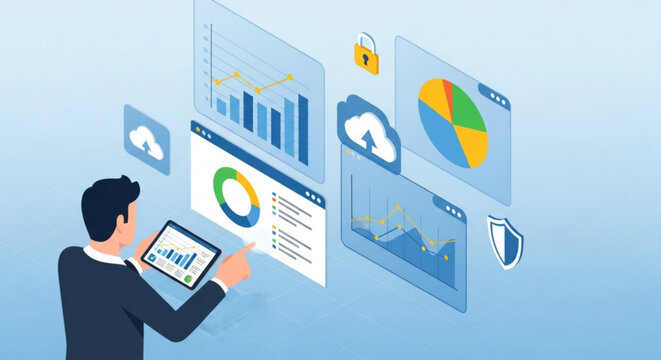 Businessman analyzing data on tablet with floating charts and graphs