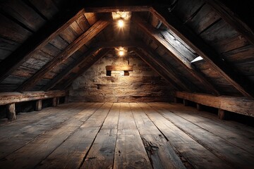 Obraz premium Old attic with wooden beams, floor, and simple lighting in a quiet setting
