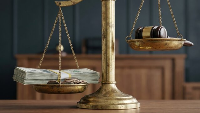 Symbolism of Unfair Justice with Tipped Scales, Cash, and Gavel Representing Imbalance