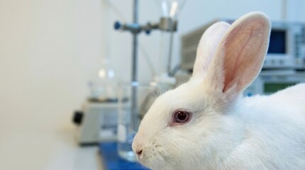 Fototapeta premium White Rabbit in Laboratory Environment for Animal Testing and Cosmetic Experiments