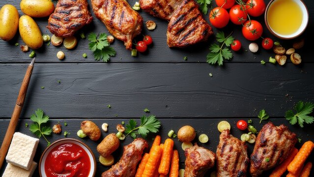 summer bbq food double border with assorted grilled meats potatoes vegetable dishes and smores platter on dark wooden banner background top view with copy space concept of restaurant catering food 