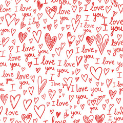 Pattern of red hearts and 'I love you' texts on white background, showcasing affection and love