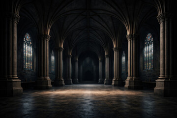 Fototapeta premium Gothic cathedral hall interior with stone columns, vaulted arches and stained glass windows, dark medieval corridor