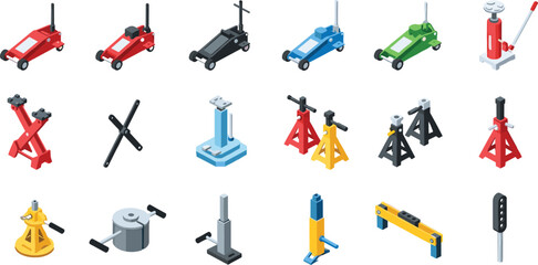 Isometric car lifting and garage equipment set including hydraulic jacks, jack stands and vehicle support tools for automotive repair workshops © Mst