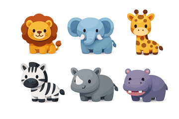 Fototapeta premium Collection of cute cartoon safari animals including lion, elephant, giraffe, zebra, rhino, and hippo