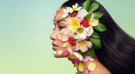 Naklejka premium A woman's profile portrait adorned with a vibrant floral crown of white, pink, red, and yellow blooms against a soft green background. Perfect for beauty, wellness, and nature designs.