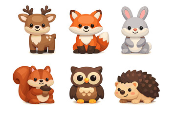 Fototapeta premium Cute cartoon forest animals collection: deer, fox, rabbit, squirrel, owl, hedgehog