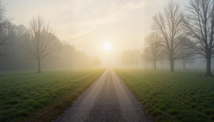 Fototapeta premium Misty path through fog at sunrise, journey into the unknown