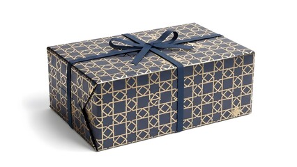 Obraz premium Elegant Gift Box with Geometric Pattern Tied with Blue Ribbon isolated on white background