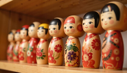 Obraz premium Handcrafted kokeshi dolls on display in warm lighting, cultural artistry