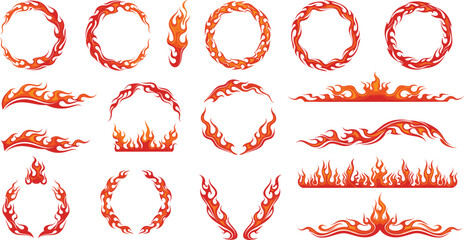 Orange Fire Flame Vector Illustration Set Featuring Circular Fire Rings, Burning Borders, Flaming Wreaths, and Decorative Heat Elements for Graphic Design © MdJillur