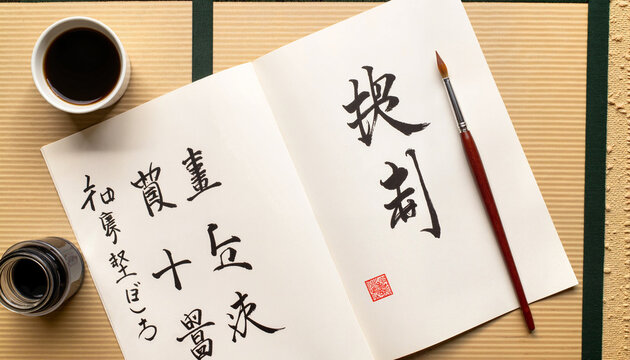 Japanese calligraphy tools arranged on tatami mat, celebrating culture