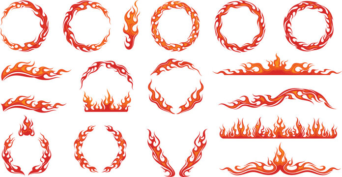 Orange Fire Flame Vector Illustration Set Featuring Circular Fire Rings, Burning Borders, Flaming Wreaths, and Decorative Heat Elements for Graphic Design