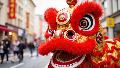Fototapeta premium Vibrant lion dance costume in street performance, Chinese New Year celebration