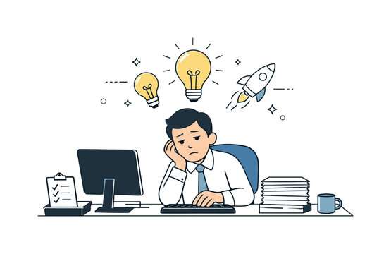 Underused potential. Character with bright idea icons above their head but doing basic repetitive tasks. Quiet frustration, lack of