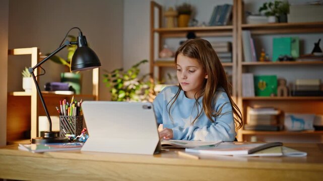School student have zoom meeting studying online home workplace closeup. 