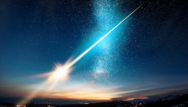 Glowing Turquoise Shooting Star With Sparkling White And Golden Light Trail In Night Sky