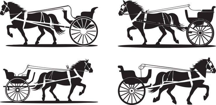 horse drawn carriage silhouettes set in vintage black and white vector style