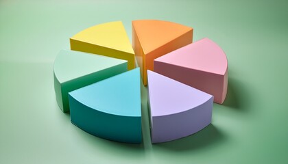 Obraz premium A Three Dimensional Pie Chart With Six Colorful Pastel Slices On A Light Green Background