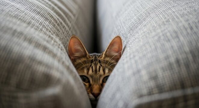 Curious tabby cat peeking from between grey sofa cushions. Domestic kitten hiding and looking. Playful pet portrait