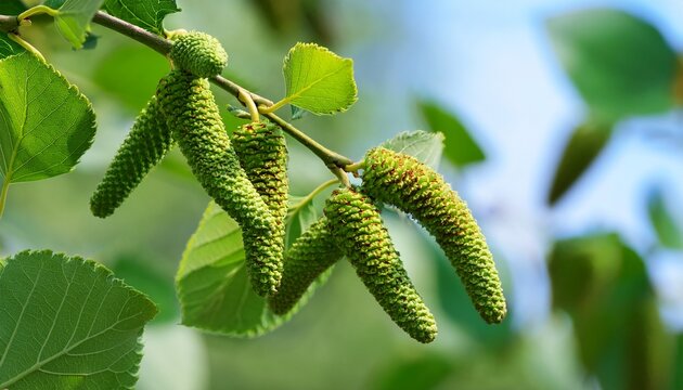 Close Up Shot Of Green Textured Immature Cones Or Fruits Of An Alder Tree On A Branch Against A Blurred Background Of Leaves And Sky
