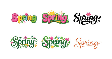 Playful spring color words. Set lettering. harmonious lettering variations of the same emblematic concept, each with different artistic