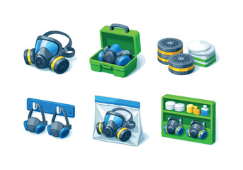 Workplace air safety. Isometric flat vector icons set of workplace air safety: respirator with filters, safety mask storage case, filter