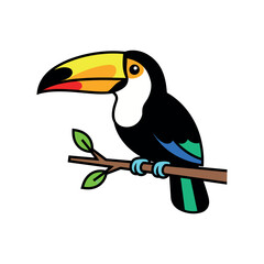 Obraz premium A colorful, playful illustration of a toucan perched on a branch. Ideal for tropical, wildlife, or nature-themed designs.