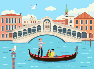 Venice architecture and a gondola with tourists on the water. A woman and a man are floating in a gondola along a canal © Oleg