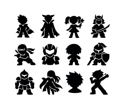 Anime cosplay sketches. Solid icon set of anime cosplay sketches: anime hero sketch, anime villain sketch, magical girl sketch, samurai