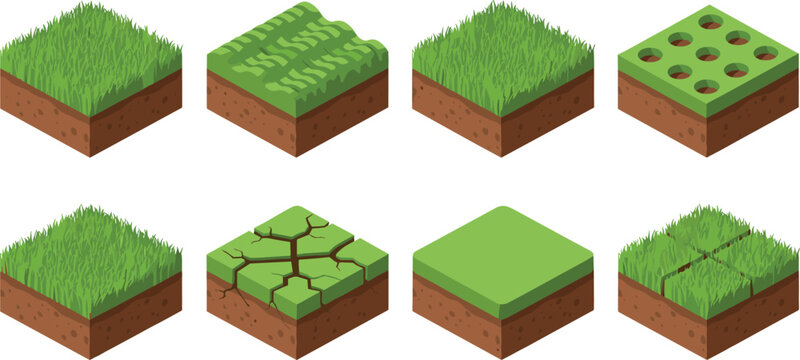 Isometric grass‑covered soil block illustration showing varied textures and conditions including dense, sparse, patterned, cracked, and layered surfaces for modular terrain or game design
