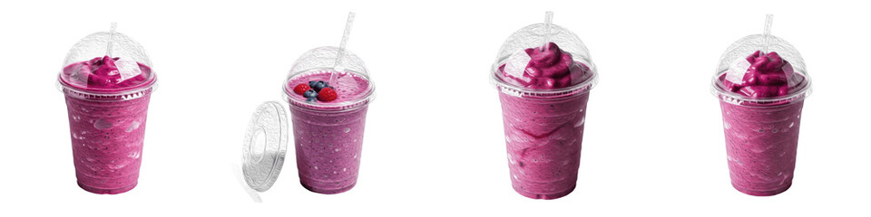 Set of berry smoothies in takeaway plastic cups: Collection of vibrant purple fruit shakes with blueberries and dome lids isolated on white background. © Jamil