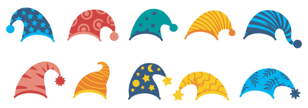 Gnomes hats collection set, dwarf headwear, cartoon nightcaps, isolated sleep hats, whimsical accessories, fantasy characters, vector illustration, different designs, clipart set